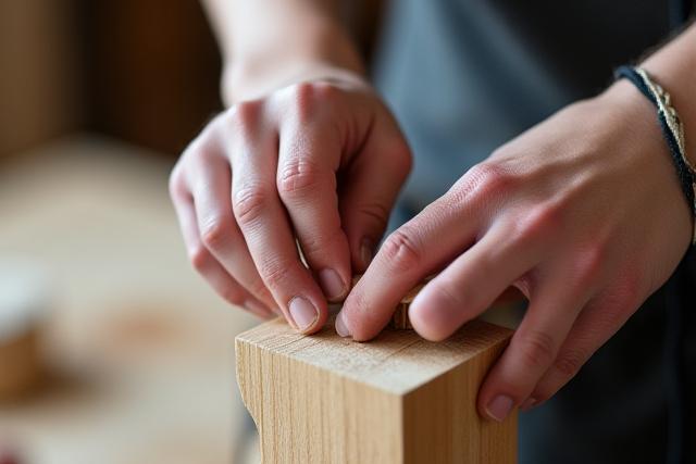 Artisan's hands working on a detail of a wooden bathroom furniture piece