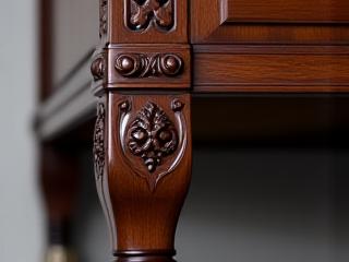 Close-up of detailed wood carving on a bespoke vanity unit